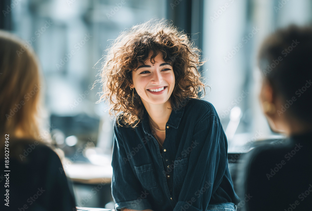 Woman smiling at colleagues, not looking at camera